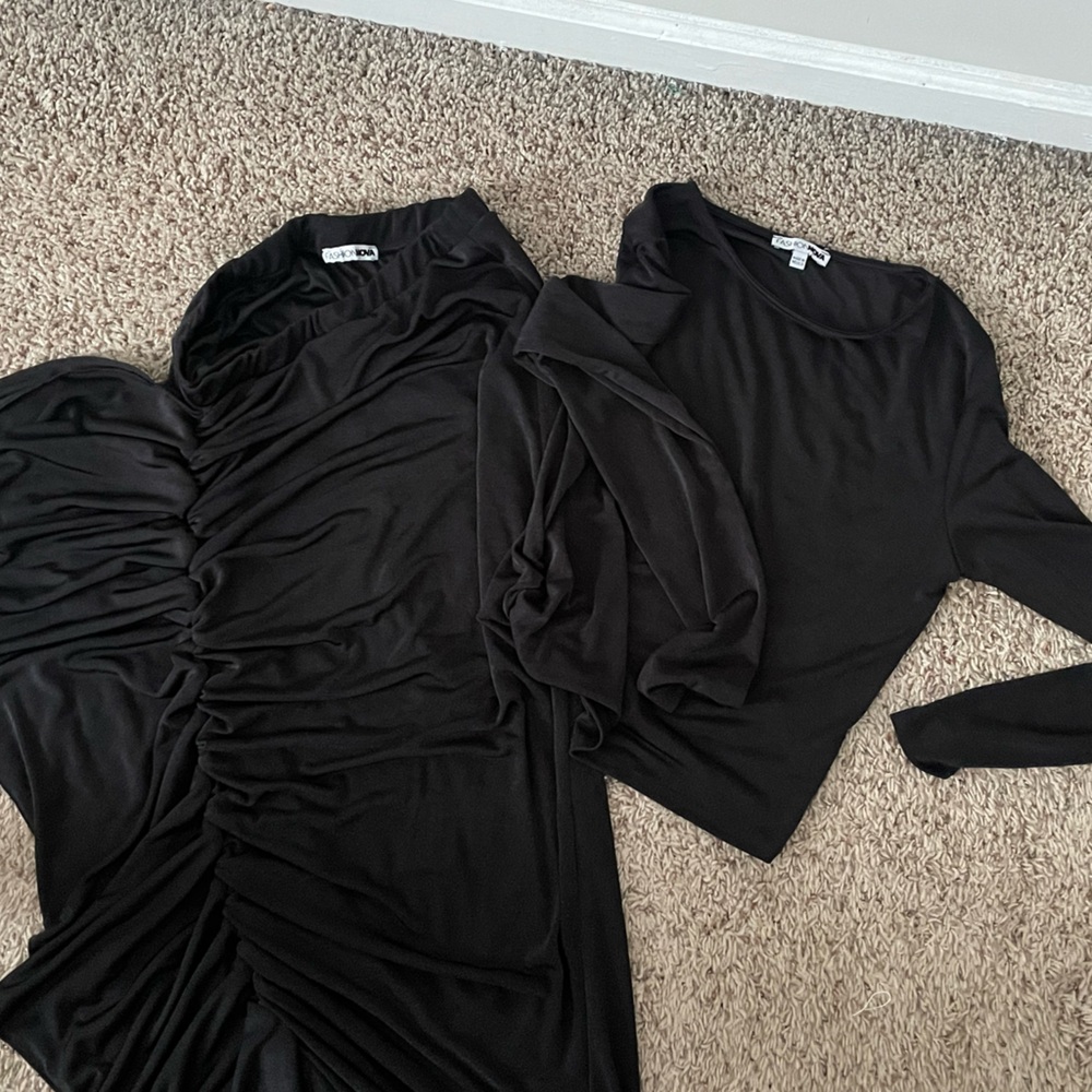 Elegant Black Long Sleeve Top with long skirt with fringe side